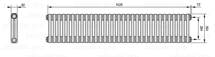 Схема (чертеж) Радиатор Zehnder Charleston 2035/31 №7610 Белый глянцевый RAL 9016
